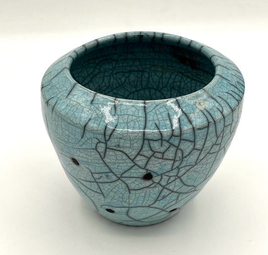 Turquoise Crackle Glaze Raku Pot With Black Dots