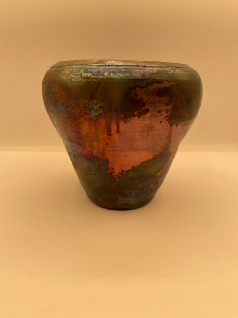 Raku Vase With Multicolored Iridescent Copper Matt Glaze