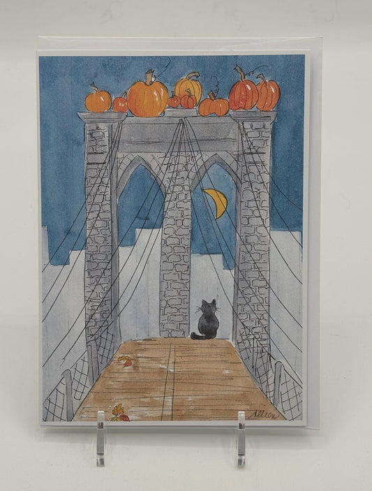 Cat On Bridge Halloween Card