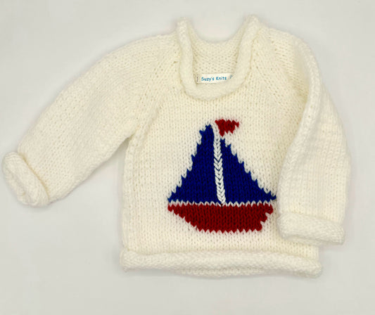 12 M White  Acrylic Knit Sweater with Sailboat