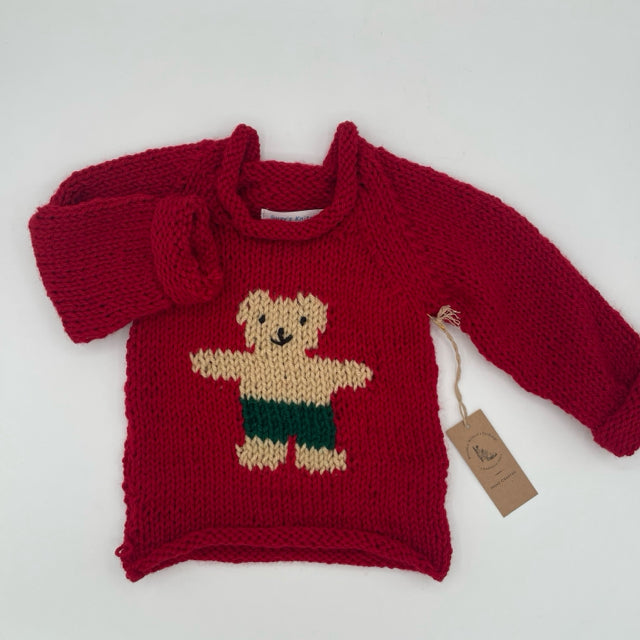 12 M Red Acrylic Knit Sweater with Beige Bear