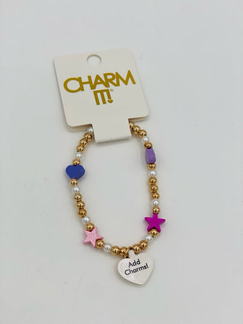 Charm It! Gold Stretch Bracelet with Hearts and Stars