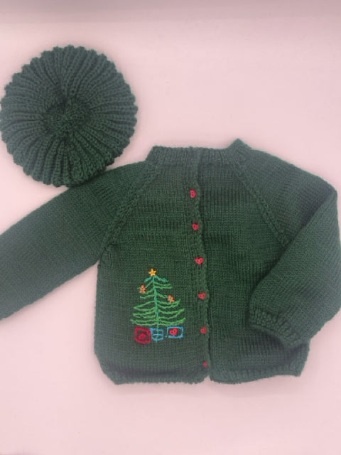 12 M Green Acrylic Knit Cardigan Set with Embroidered Christmas Tree