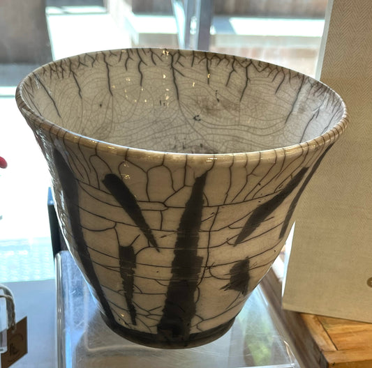 Large Black and White Crackle Glazed Raku Planter/Vase/Jar