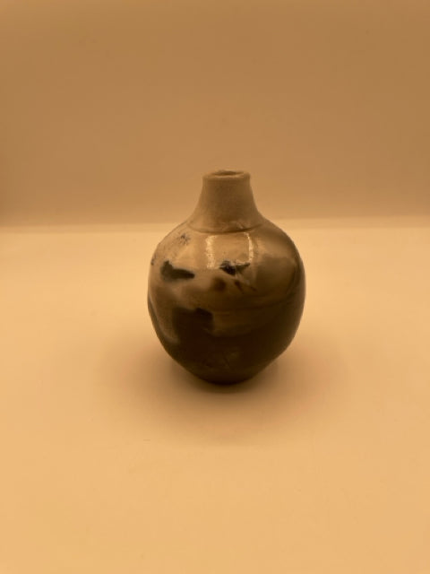 Raku Pit Fired Black, White & Gray Vase