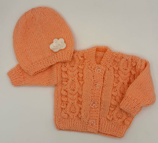 0-3 M Peach Acrylic Cable Knit Cardigan Set