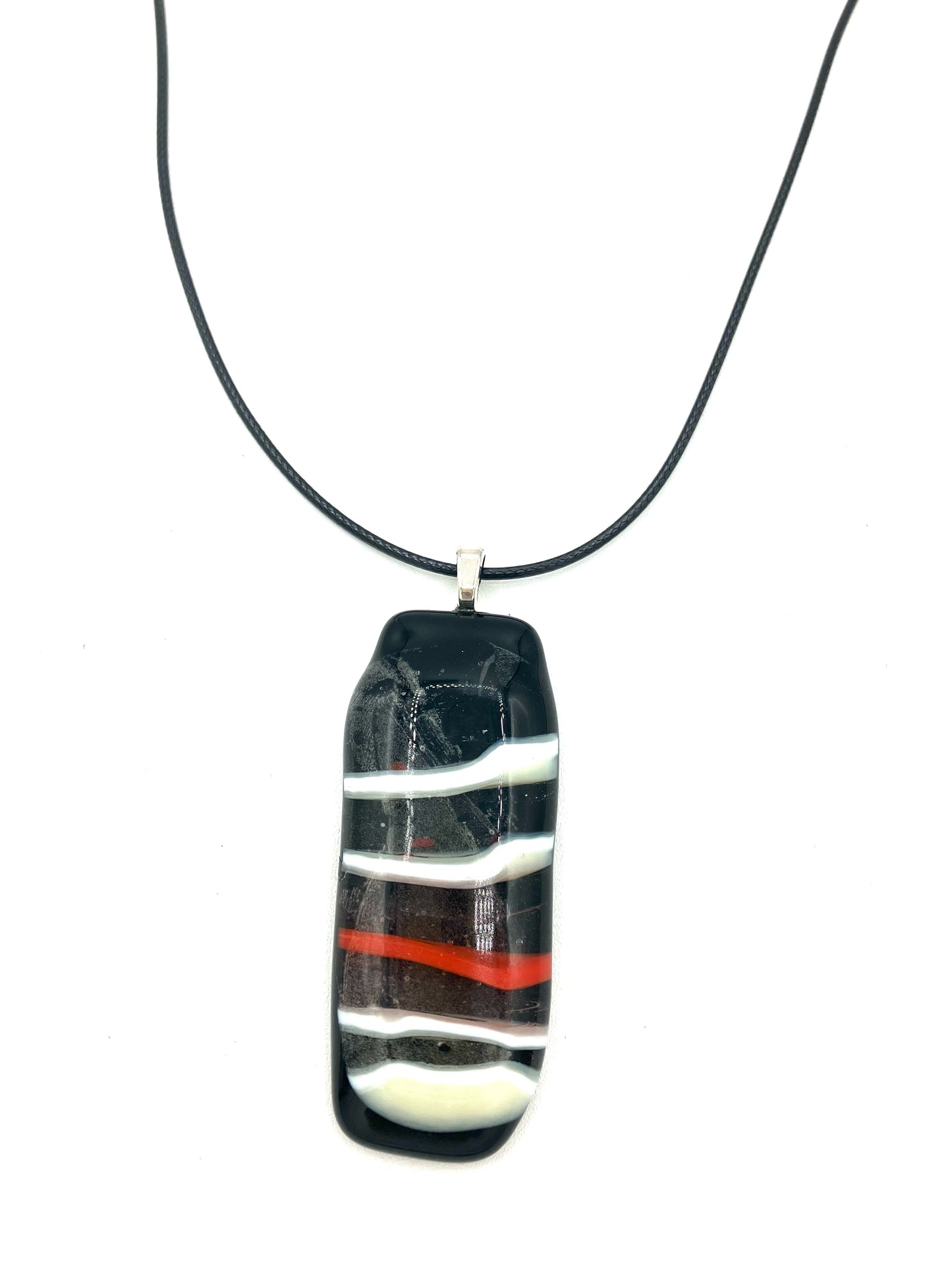 Necklace with Fused Glass Pendant, Large Pendant, Black with Stripes