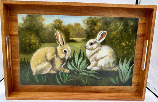 Handpainted Tray With Picture of Two Bunnies