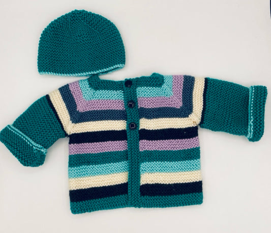 3-6 M Kelly Green and Multi Stripe Acrylic Cardigan Set with Beanie