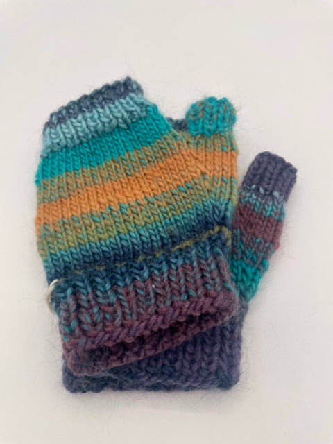 One Size Teal and Multi Color Wool Blend Knit Fingerless Gloves