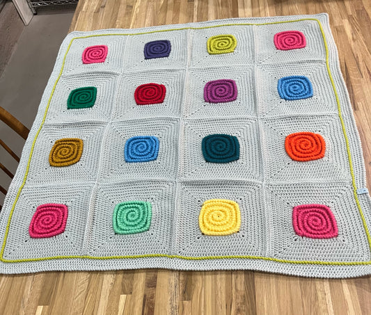 Crocheted Blanket - 36 x 36 Granny Square Light Grey with Bright Color Circles