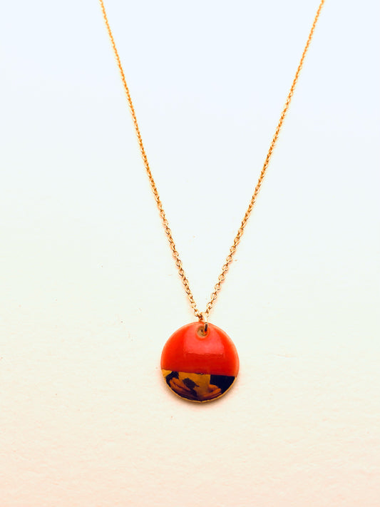 Gold Dipped Circle Necklace, Coral Red Glaze