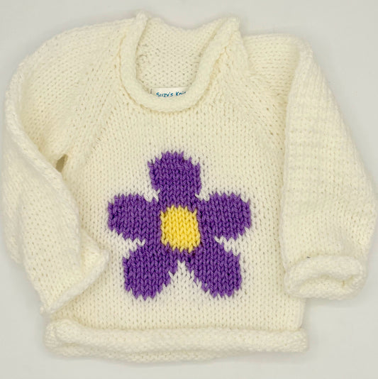 12 M White Acrylic Knit Sweater with Purple Flower