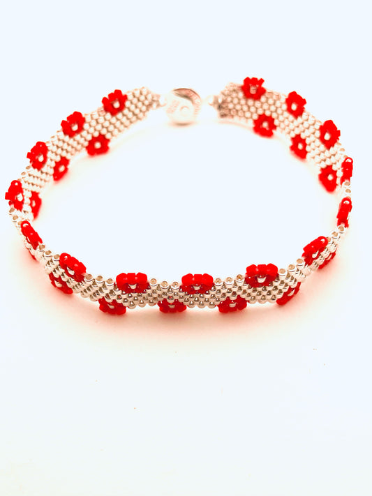 Beaded Flower Edge Bracelet, Red and Silver