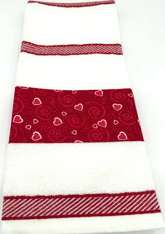 White Towel w/Red Hearts, Diagonal Stripe