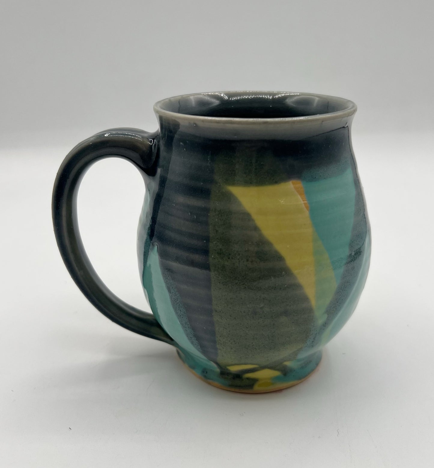 WheelThrown Mug In Grey Turquoise & Yellow