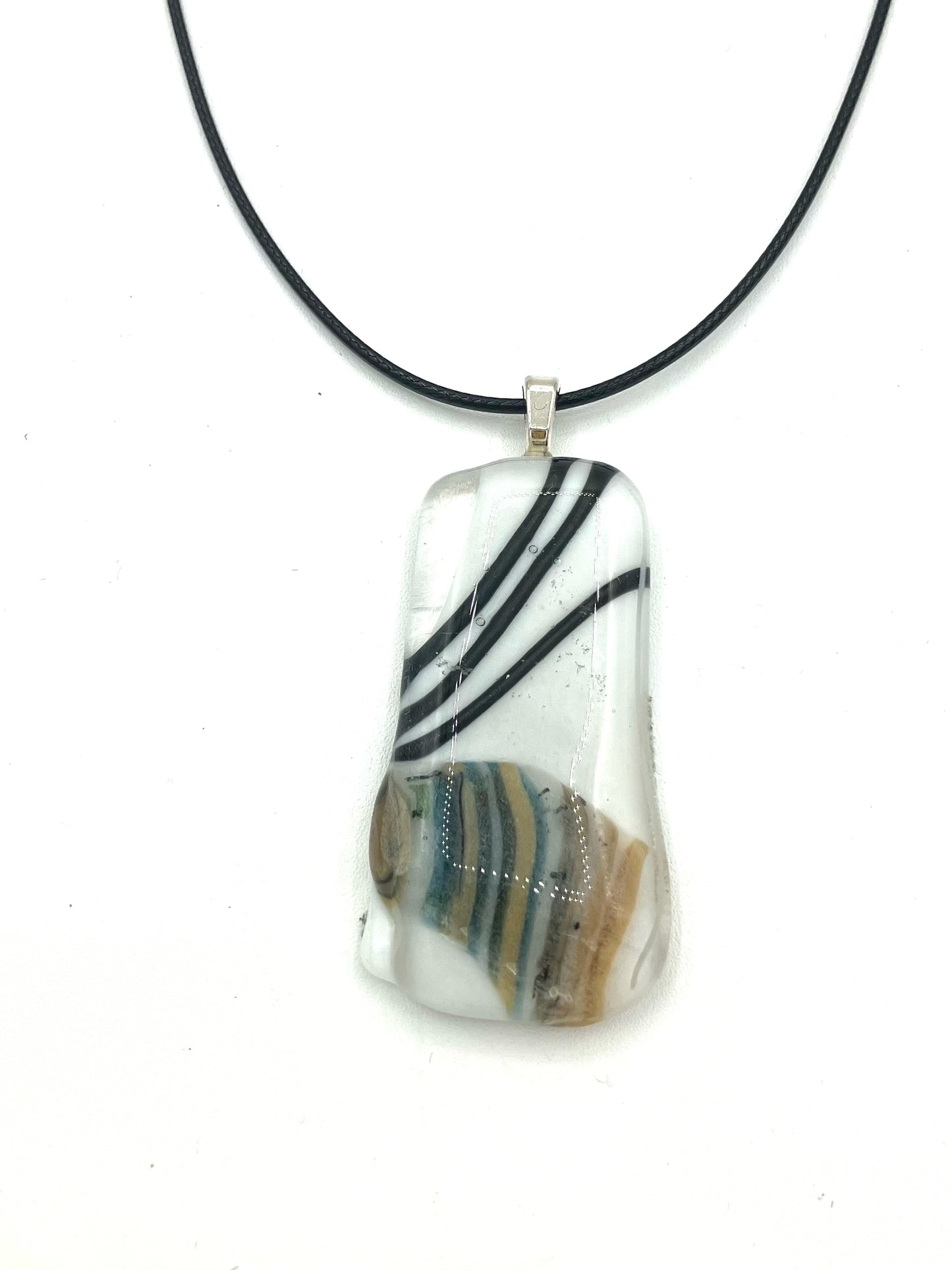 Necklace with Fused Glass Pendant, Small Pendant, White with Stripes