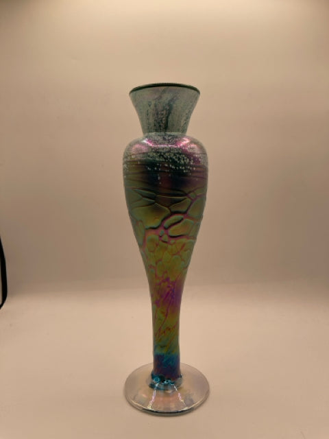 Handblown Blue/Green Lusterware Bud Vase