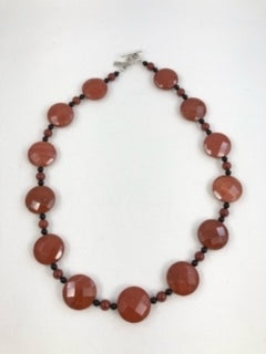 Red Jasper Faceted Coin, Black Onyx, Hill Tribe Silver Necklace