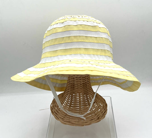 2-4 Y Pale Yellow and White Stripe Ribbon Bucket Hat with Chin Strap