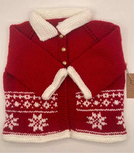 2 Y Red Acrylic Snowflake Knit Cardigan