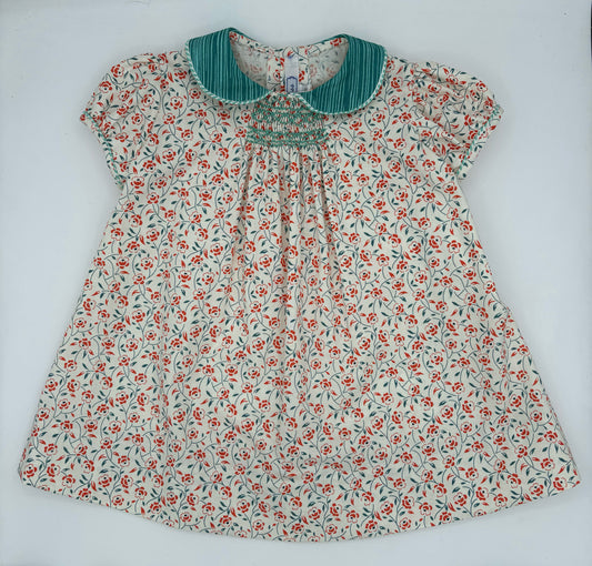 18 M Dress - Mini Smocked w/Orange, Blue Flowers Turquoise Collar