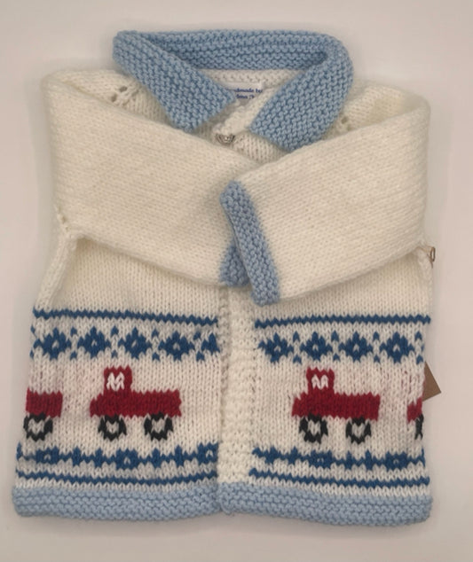 2 Y White with Red Truck Knit Cardigan