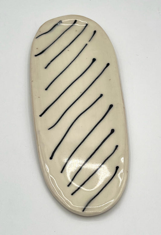 Small White Stoneware Tray With Black Lines