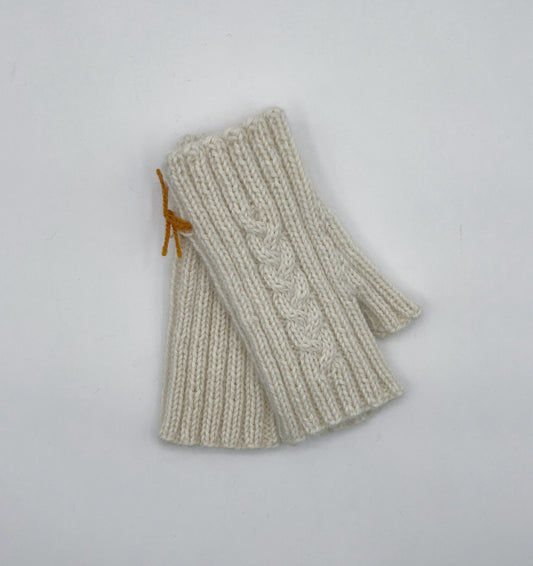 Adult S/M Cream Alpaca Rib and Cable Knit Fingerless Gloves