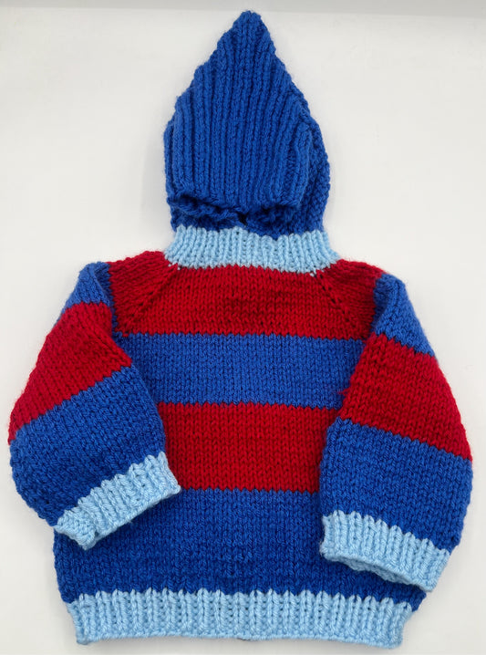 12 M Royal Blue, Red & Lt Blue Strip Back Zipper Acrylic Knit Sweater with Hood