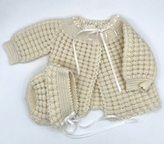 0-3 M Antique White Acrylic Knit Cardigan and Bonnet Set
