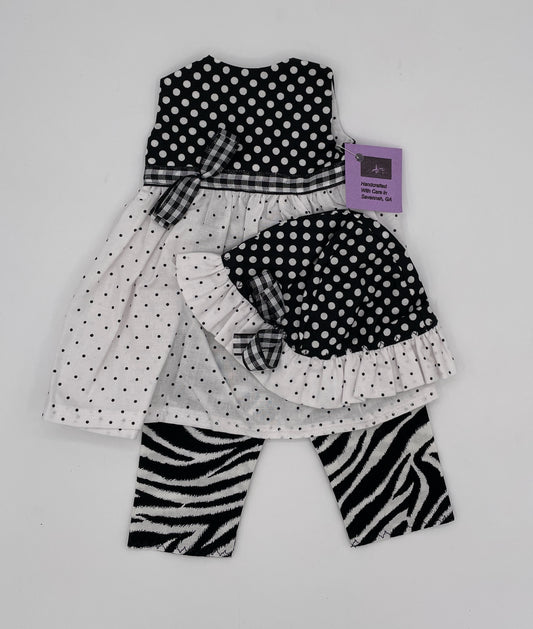 Black and White Dotted Dress with Hat & Zebra Pants for 18" Doll