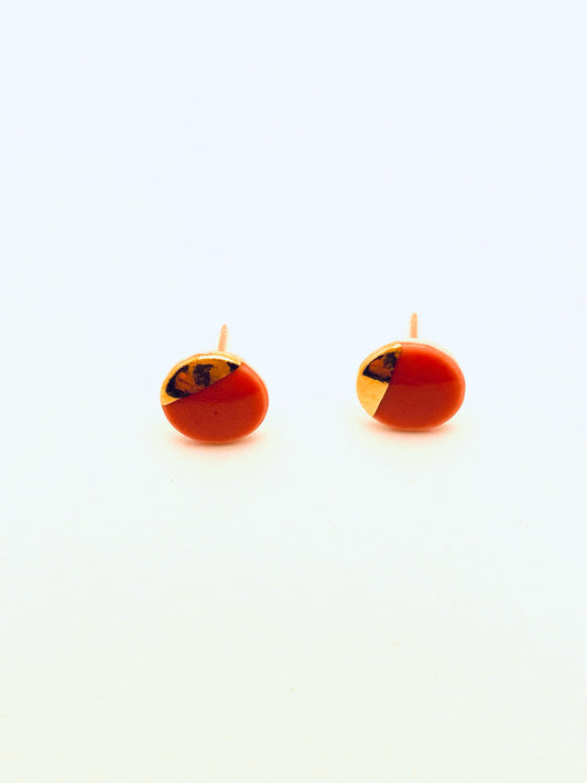 Gold Filled Circle Studs Large, Coral Red Glaze