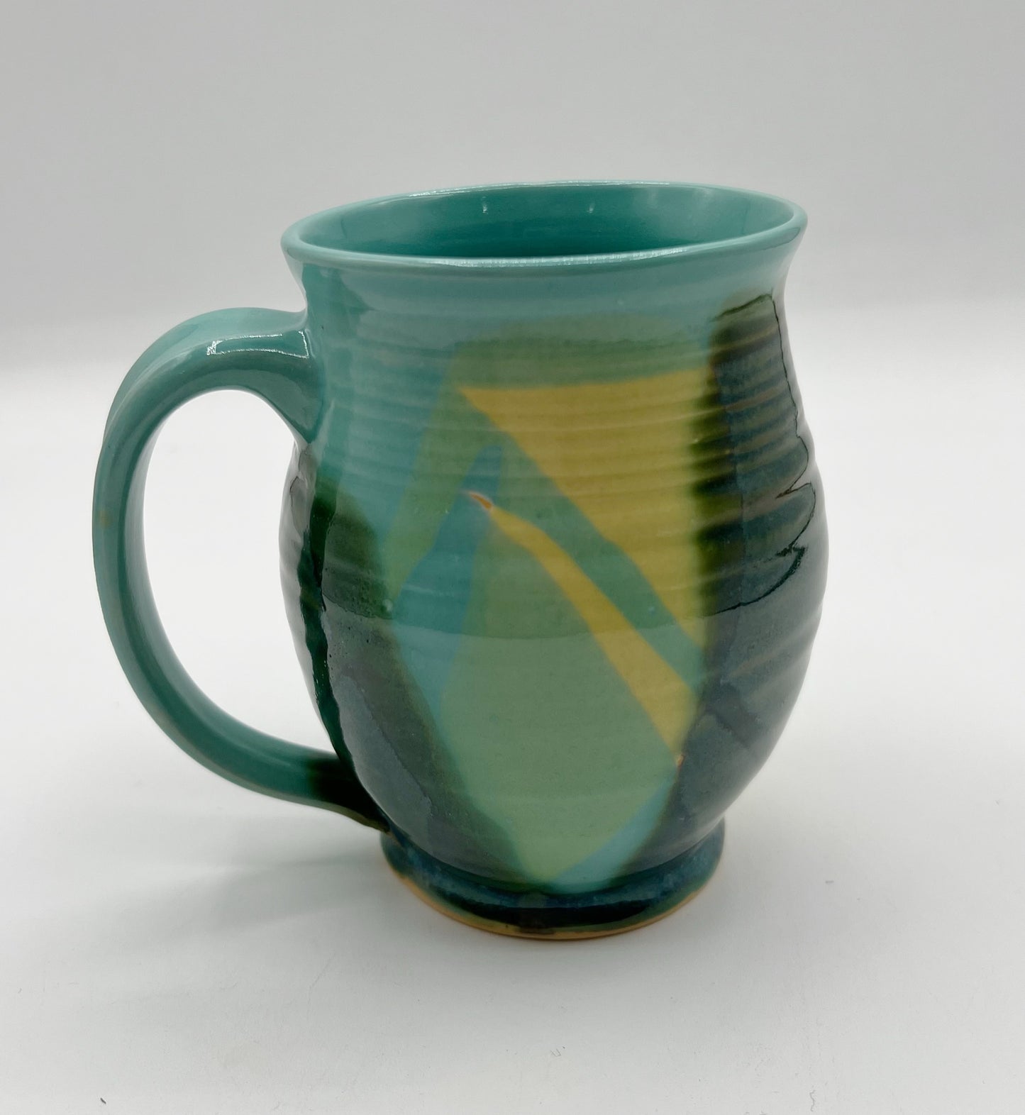 Wheel Thrown Mug in Dark Green Yellow & Turquoise