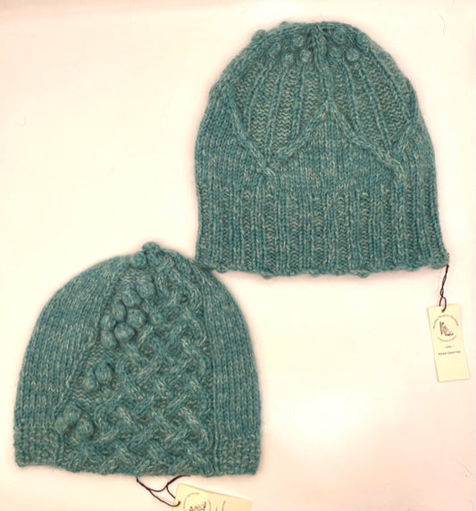 M/L Glacier Green Cashmere Knit Beanie with Cables and Bobbles