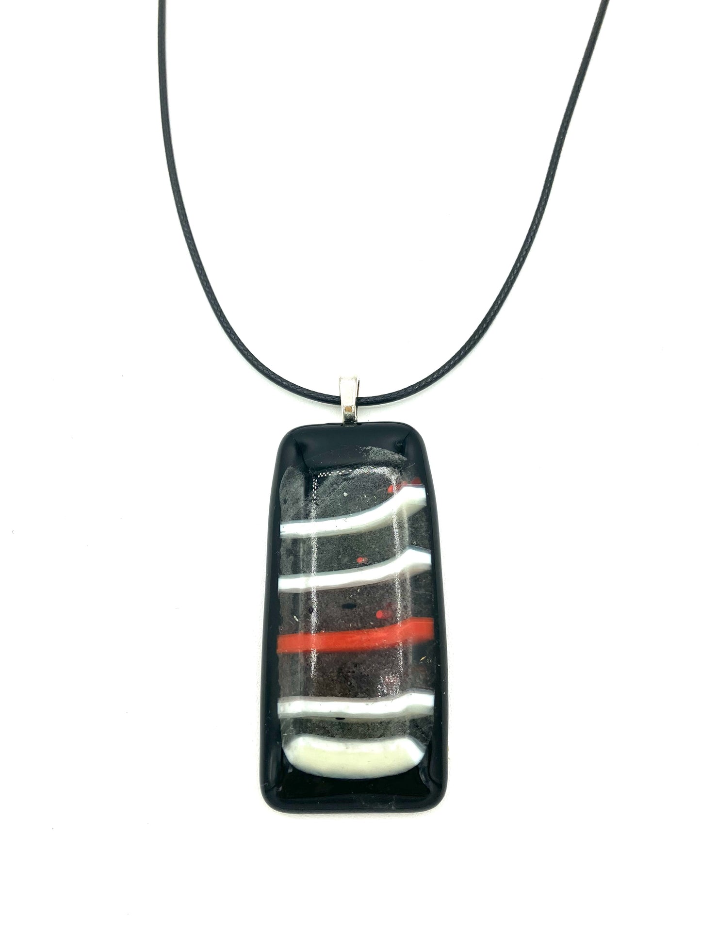 Necklace with Fused Glass Pendant, Large Pendant, Black with Stripes