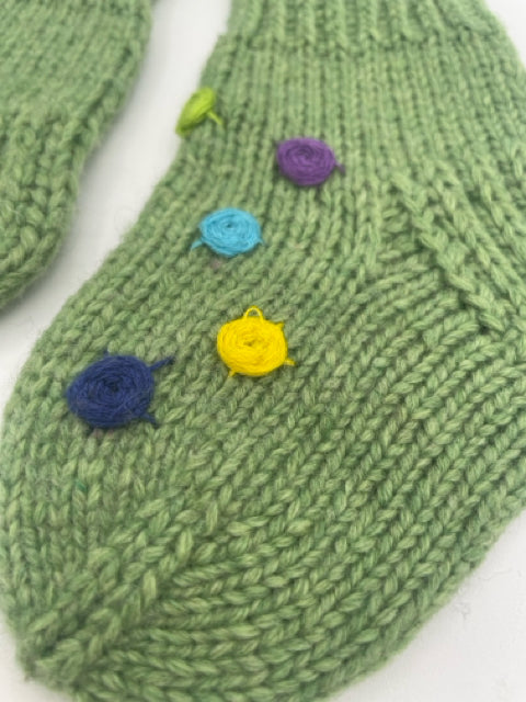 6-12 M Acrylic Knit Slipper Sock with Ribbon Embroidered Roses