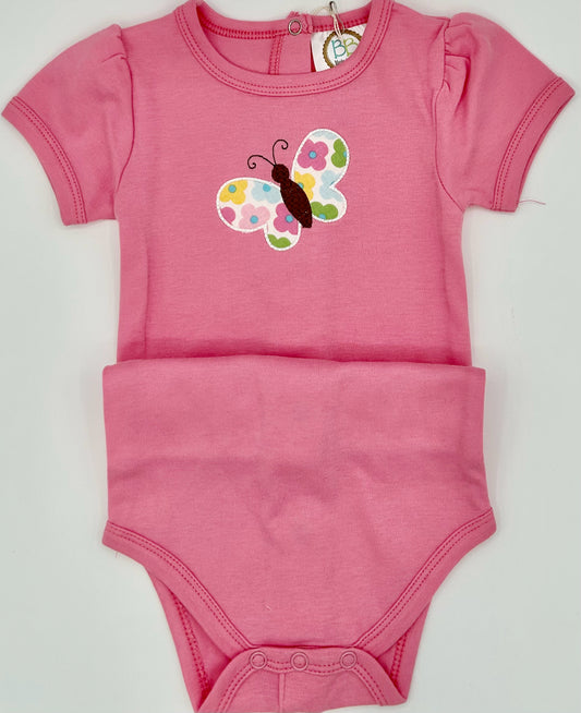 6-9 M Onesie - Pink Bubblegum w/Floral Butterfly Applique