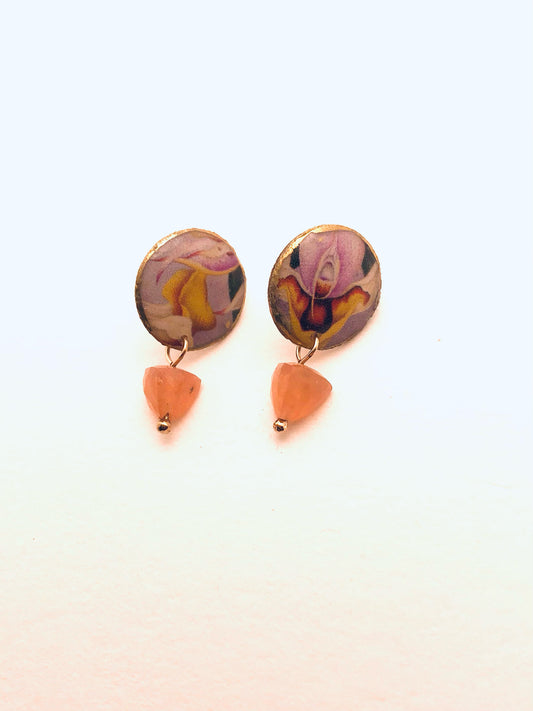 Dulcet Studs, Peach Moonstone Trillion, Bronze