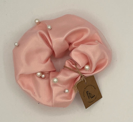 Pink Scrunchie with Tulle and Pearls