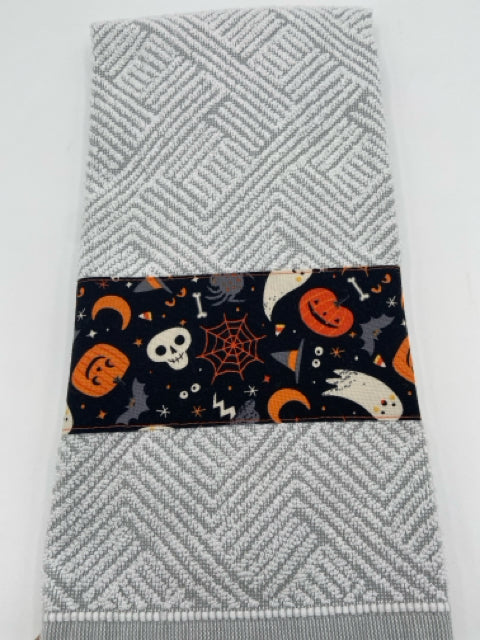 Gray and White Towel with Halloween Trim