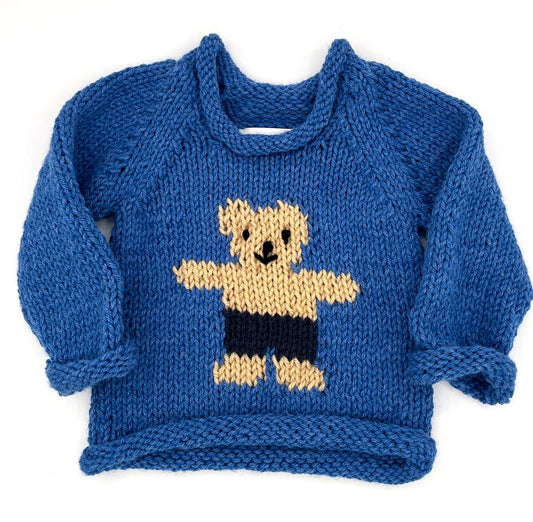 12 M Denim Blue Acrylic Knit Sweater with Beige Bear