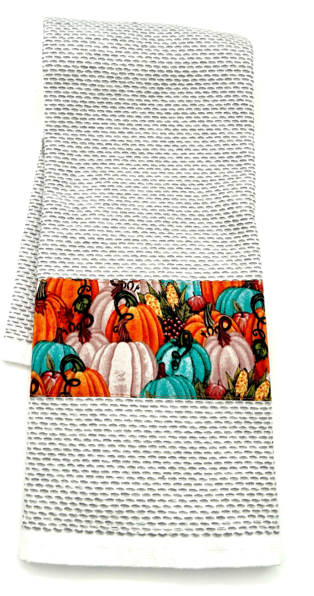 Gray Tweed Towel with Multicolor Pumpkin Trim