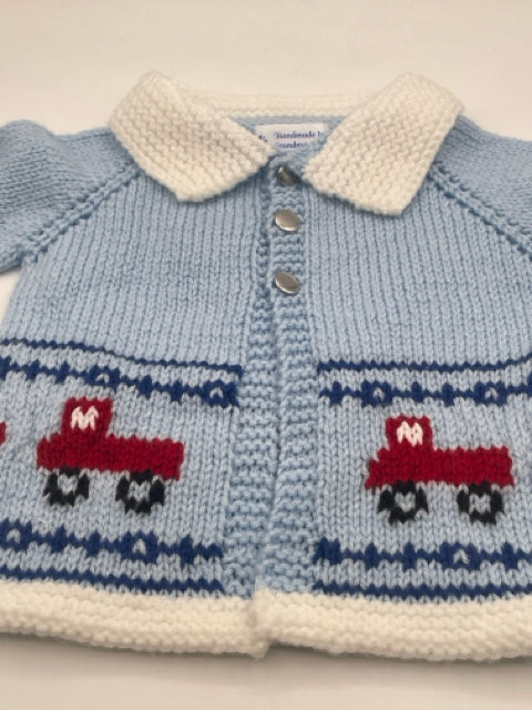 3-6 M Light Blue with Red Truck Knit Cardigan