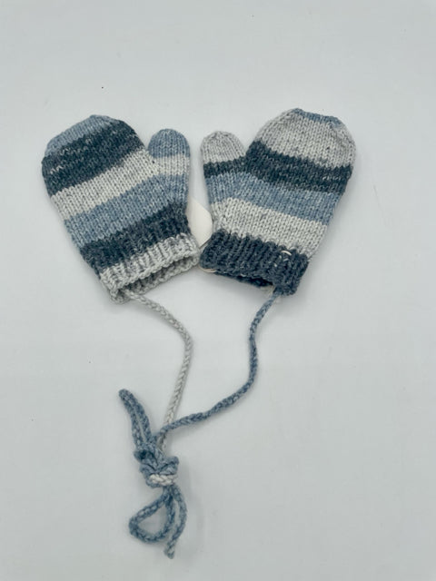 2-4 Y Children's Gray and Blue Stripe Acrylic/Rayon Knit Mittens with String