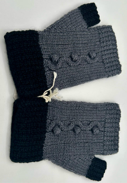 One Size Black and Grey Colorblock Wool Knit Fingerless Gloves with Bobbles