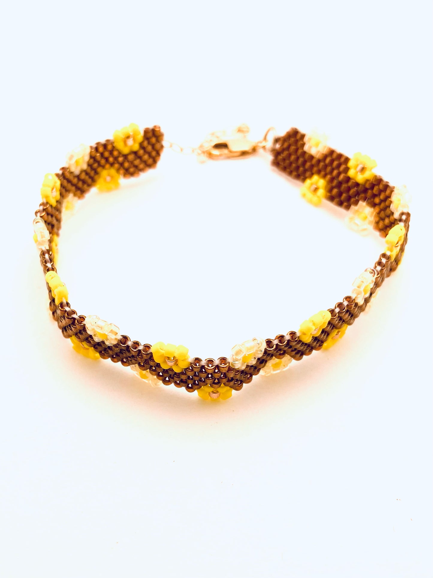 Beaded Flower Edge Bracelet, Yellow and Bronze