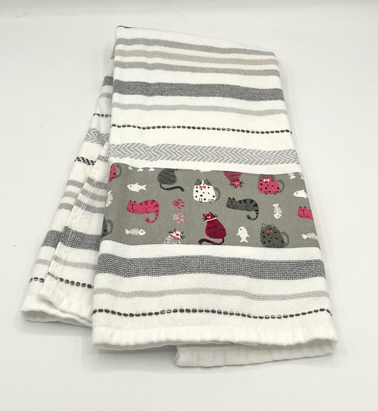 White and Gray Striped Towel with Cat Trim