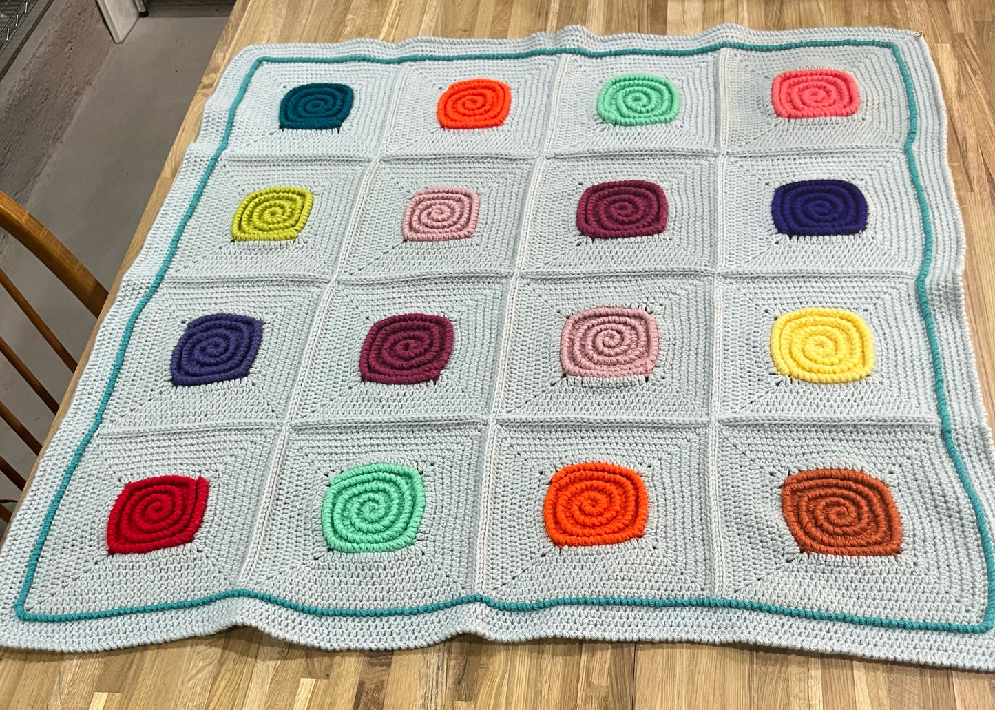 Crocheted Blanket - 36 x 36 Granny Square Light Grey with Bright Color Circles