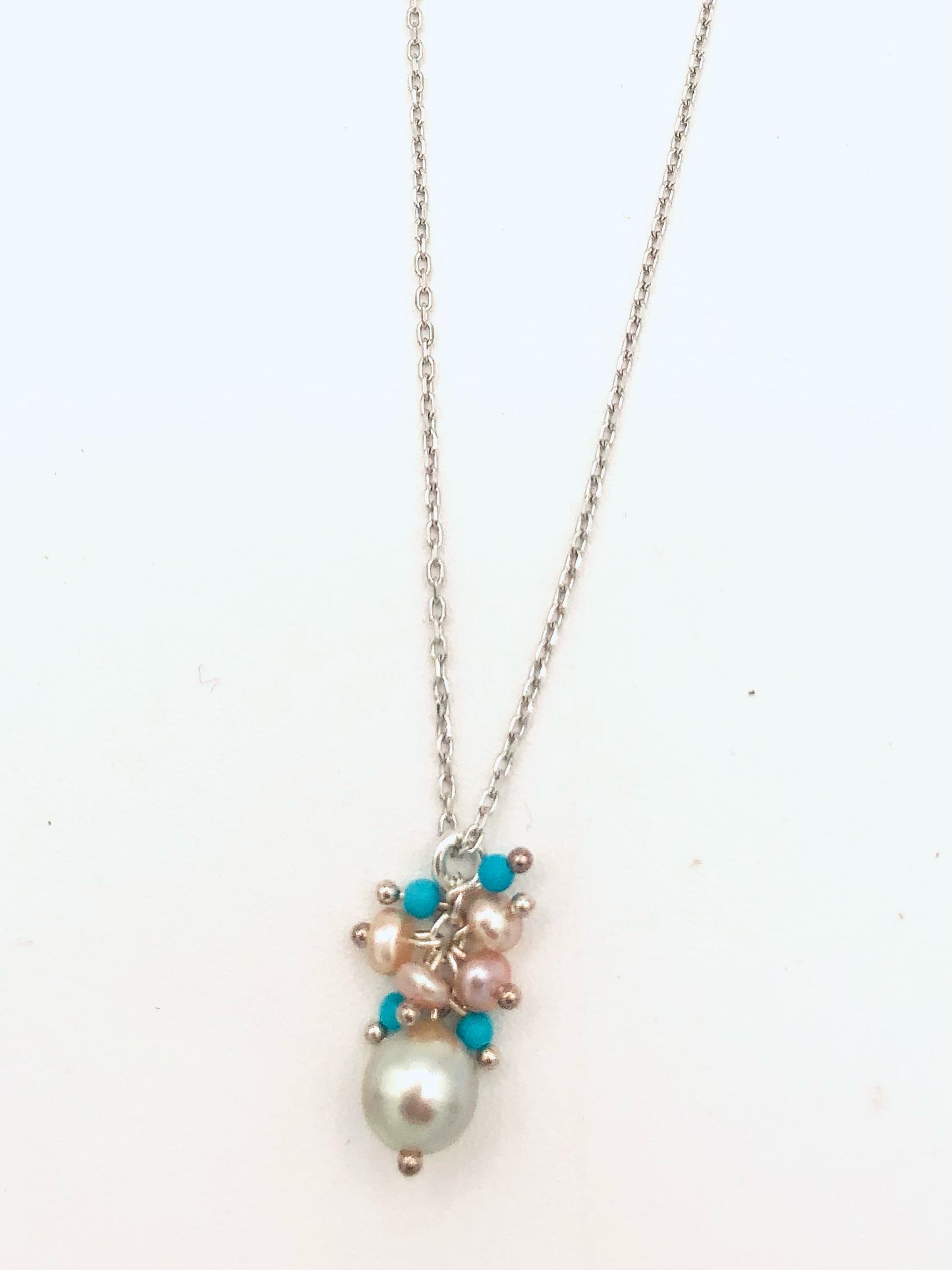 Sterling Silver Necklace, Fresh Water Pearl and Turquoise